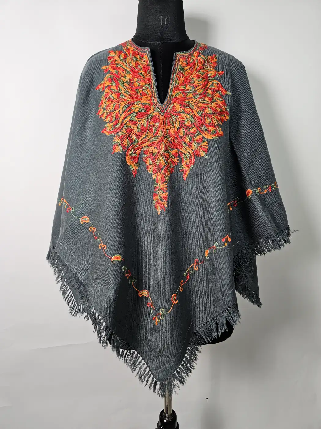 Zoon Grey Kashmiri Poncho for Women with Aari Work