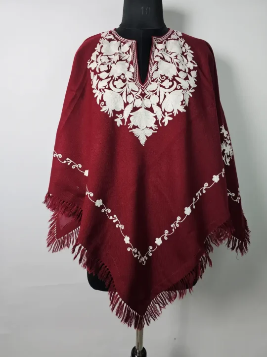 Maroon Kashmiri Poncho Meher-un-Nisa for Women with Aari Work