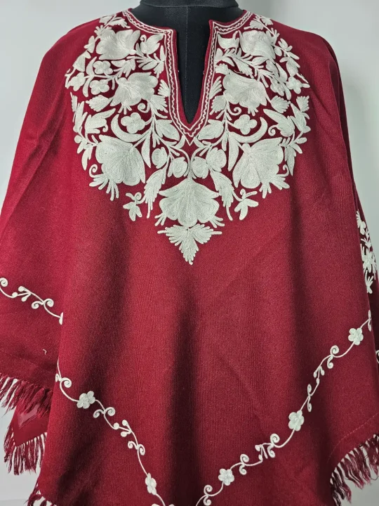 Maroon Kashmiri Poncho Meher-un-Nisa for Women with Aari Work - Image 2