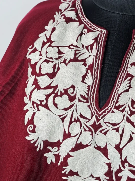 Maroon Kashmiri Poncho Meher-un-Nisa for Women with Aari Work - Image 3