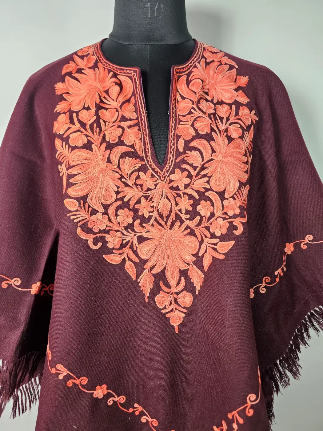 Kashmiri Gulmarg Maroon Embroidered Poncho in Cashmilon Wool - Image 2