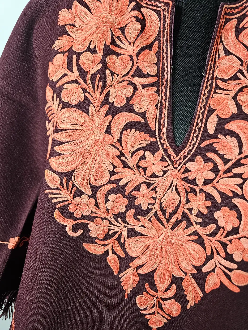 Kashmiri Gulmarg Maroon Embroidered Poncho in Cashmilon Wool - Image 3