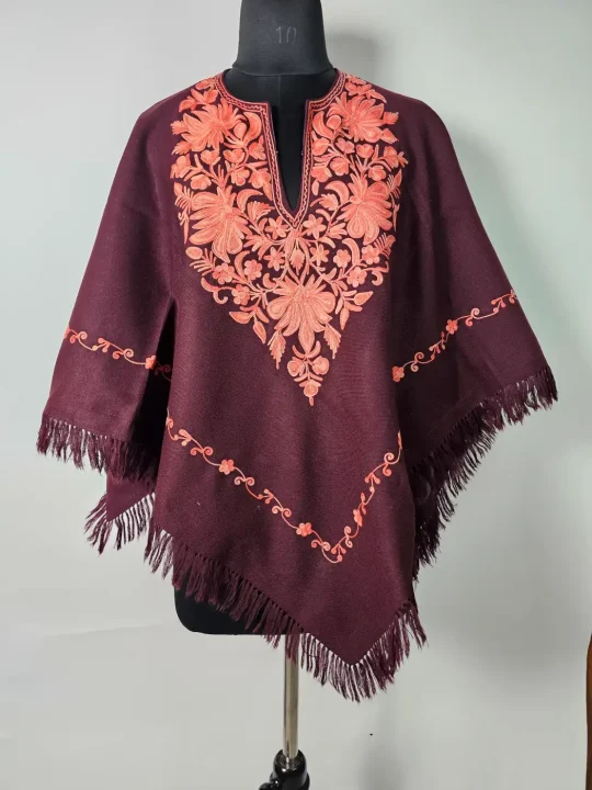 Kashmiri Gulmarg Maroon Embroidered Poncho in Cashmilon Wool