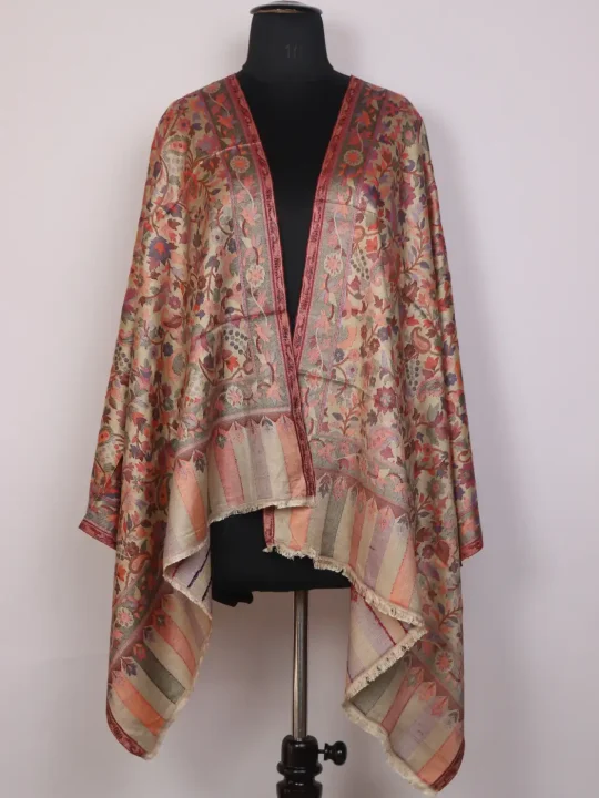 Kashmiri Beige Kani Stole for Women | Noor with Multicolour Floral Design