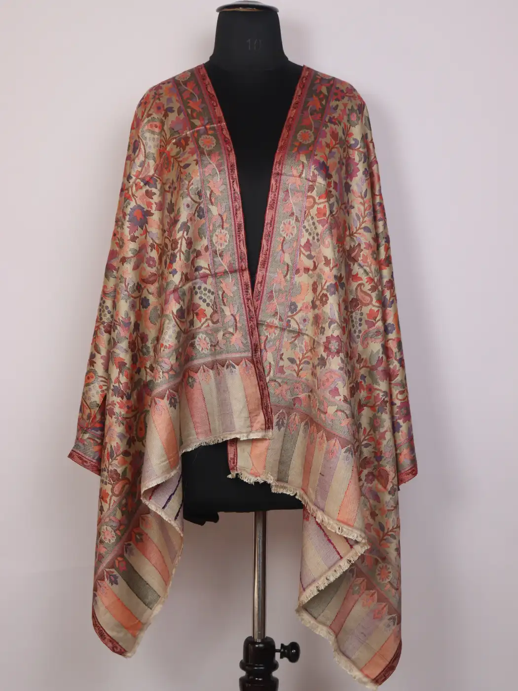 Kashmiri Beige Kani Stole for Women | Noor with Multicolour Floral Design
