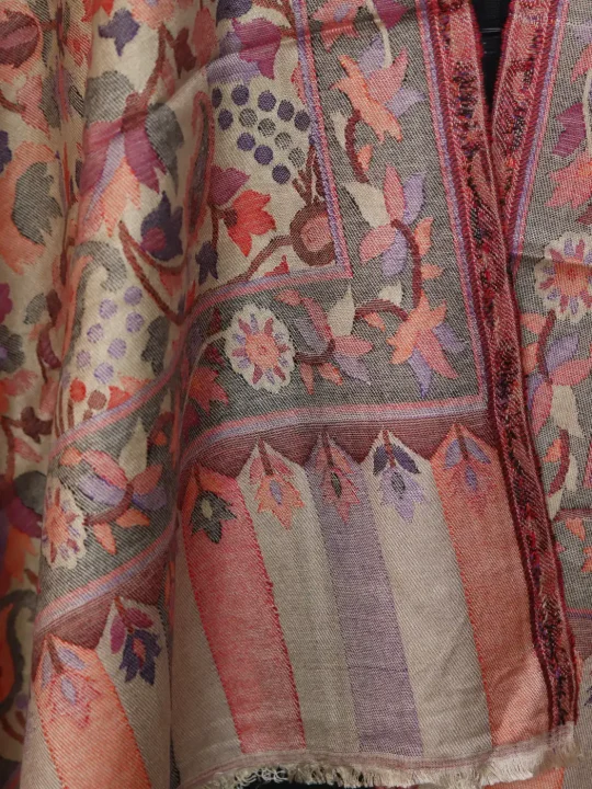 Kashmiri Beige Kani Stole for Women | Noor with Multicolour Floral Design - Image 3
