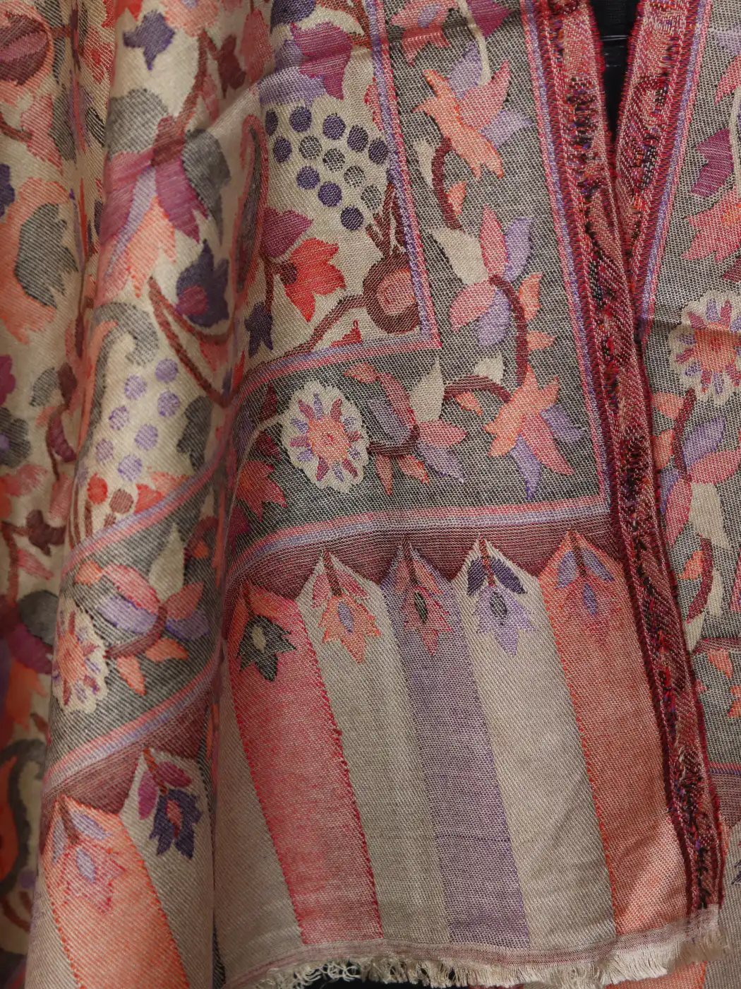 Kashmiri Beige Kani Stole for Women | Noor with Multicolour Floral Design - Image 3