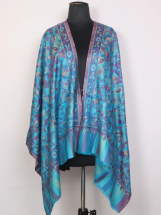 Kashmiri Kani Stole for Women | Gulnaz with Turquoise Floral Design