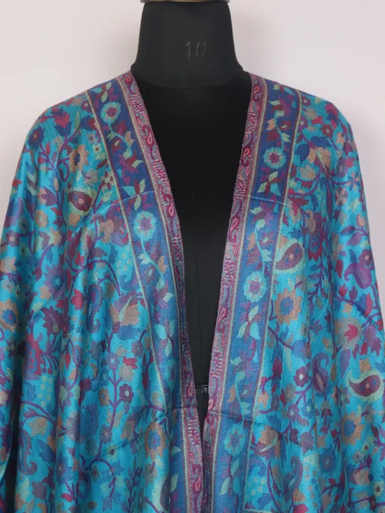 Kashmiri Kani Stole for Women | Gulnaz with Turquoise Floral Design - Image 2