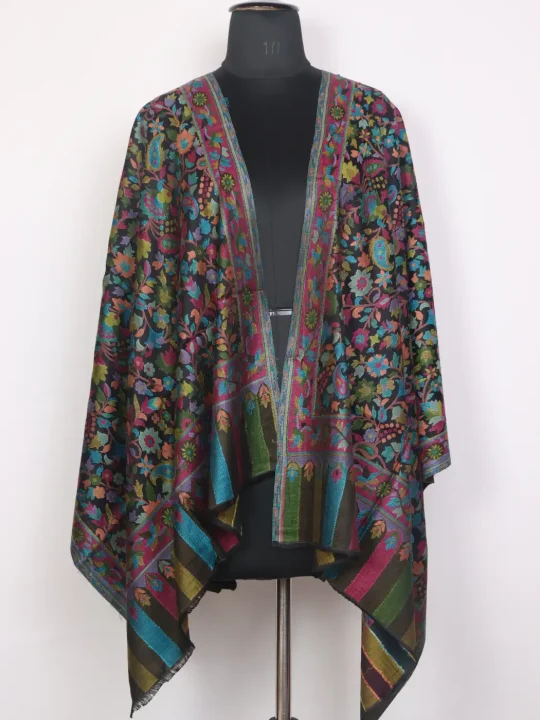 Kashmiri Kani Stole for Women Mahnoor Black with Multicolour Floral Motifs
