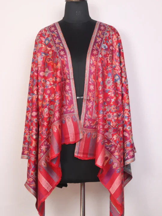 Kashmiri Red Roshni Kani Stole for Women with Multicolour Floral Design