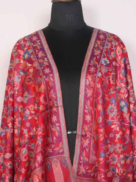 Kashmiri Red Roshni Kani Stole for Women with Multicolour Floral Design - Image 2