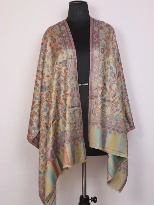 Kashmiri Kani Stole for Women | Gulbahar Beige with Delicate Floral Motifs