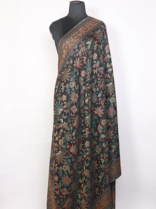 Kashmiri Black Kani Woolen Shawl for Men Siyah-Mehr with Floral Pattern