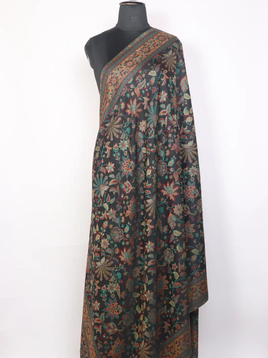 Kashmiri Black Kani Woolen Shawl for Men Siyah-Mehr with Floral Pattern
