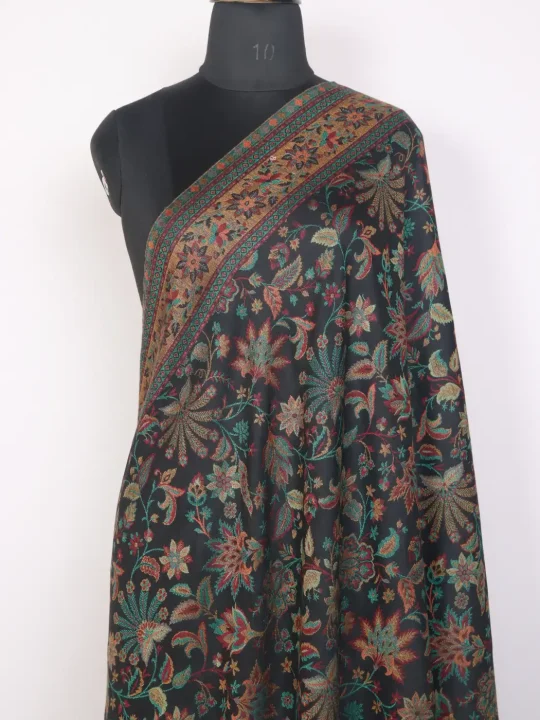 Kashmiri Black Kani Woolen Shawl for Men Siyah-Mehr with Floral Pattern - Image 2