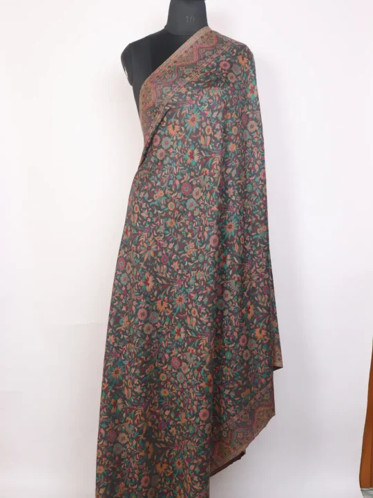 Kashmiri Jaanbaz Kani Woolen Shawl for Men Grey with Multicolour Floral Design
