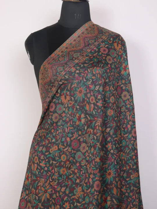 Kashmiri Jaanbaz Kani Woolen Shawl for Men Grey with Multicolour Floral Design - Image 2