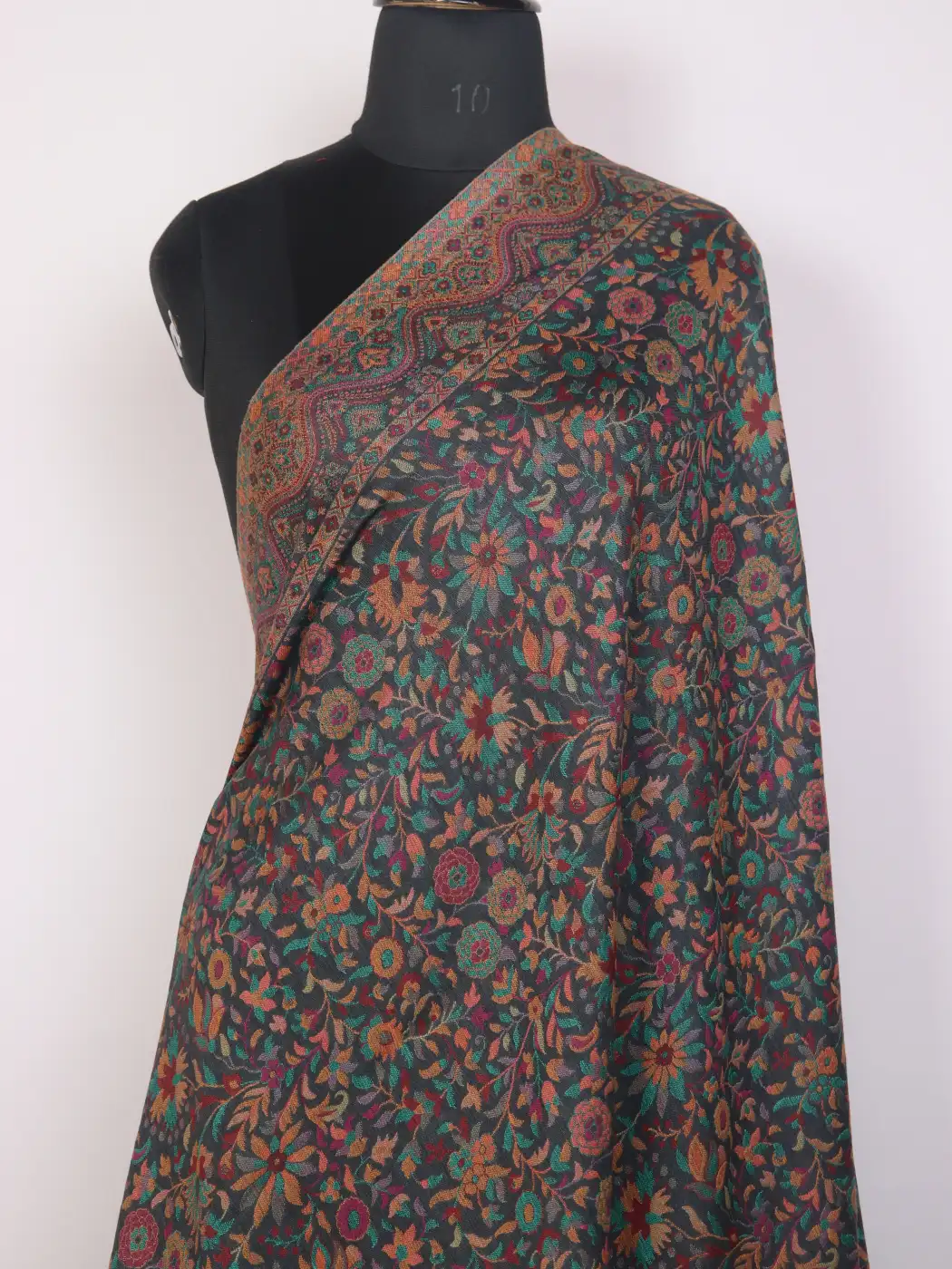Kashmiri Jaanbaz Kani Woolen Shawl for Men Grey with Multicolour Floral Design - Image 2