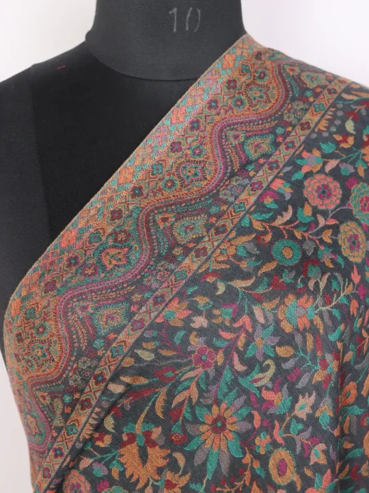Kashmiri Jaanbaz Kani Woolen Shawl for Men Grey with Multicolour Floral Design - Image 3