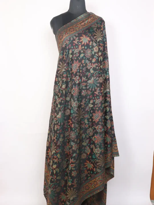Kashmiri Kani Woolen Shawl for Men Dilawar Black with Rich Floral Motifs