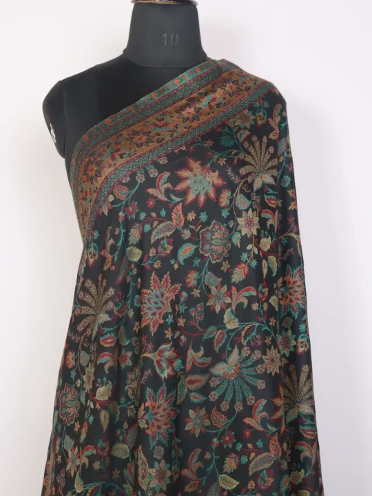 Kashmiri Kani Woolen Shawl for Men Dilawar Black with Rich Floral Motifs - Image 2