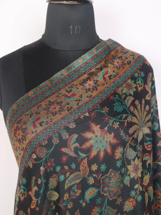 Kashmiri Kani Woolen Shawl for Men Dilawar Black with Rich Floral Motifs - Image 3