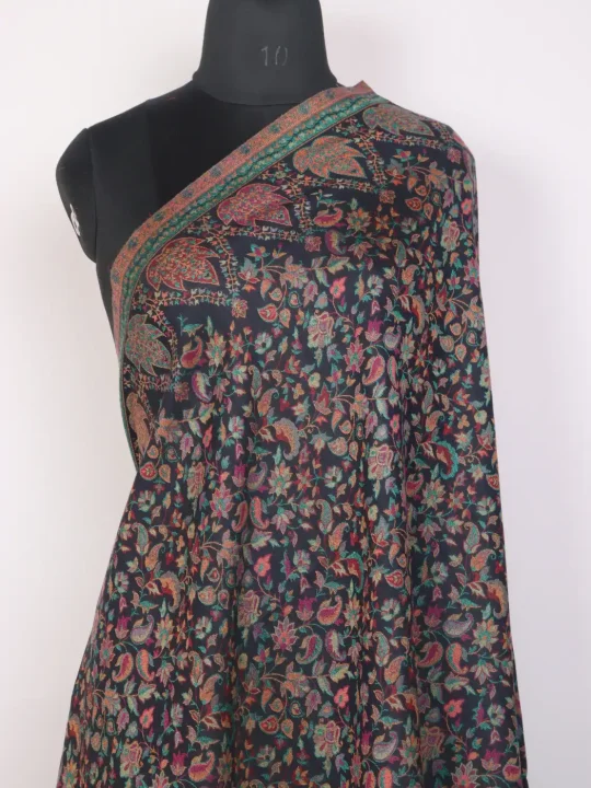 Kashmiri Kani Woolen Shawl for Men | Feroz Black with Chinar Border Design - Image 2