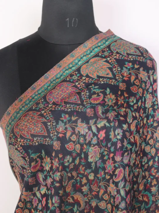 Kashmiri Kani Woolen Shawl for Men | Feroz Black with Chinar Border Design - Image 3