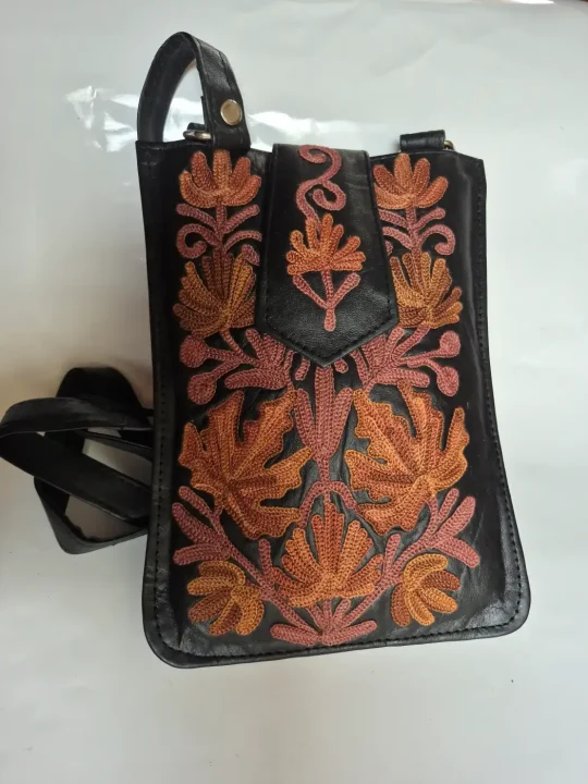 Pure Leather Kashmiri Mobile Sling Pouch Dalgate with Aari Embroidery