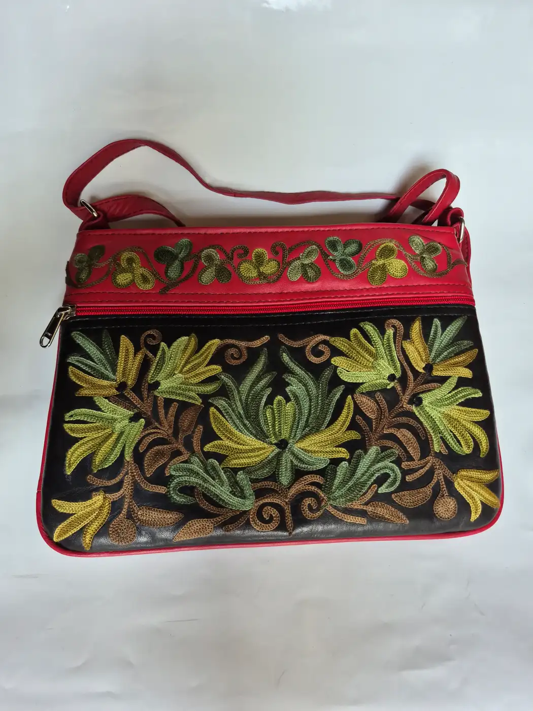 Kashmiri Pure Leather Sling Bag with Gulshan Aari Embroidery