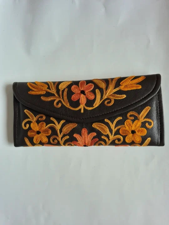 Janan Kashmiri Pure Leather 3-Fold Wallet for Women with Aari Embroidery