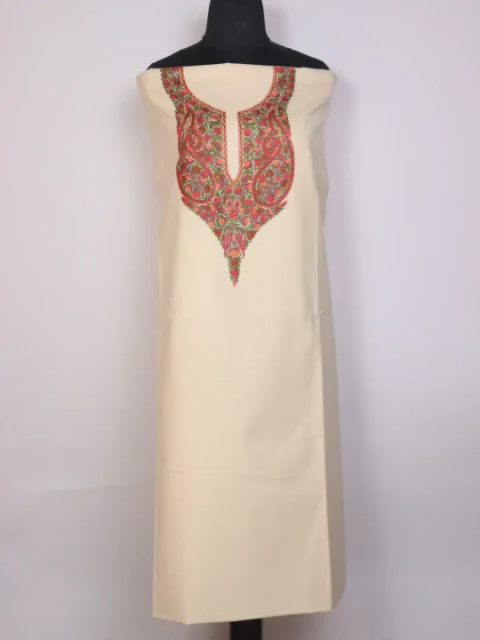 Kashmiri 2pc Suit for Women  Rukhsar | Cream Ruby Cotton with Hand Aari Floral Embroidery