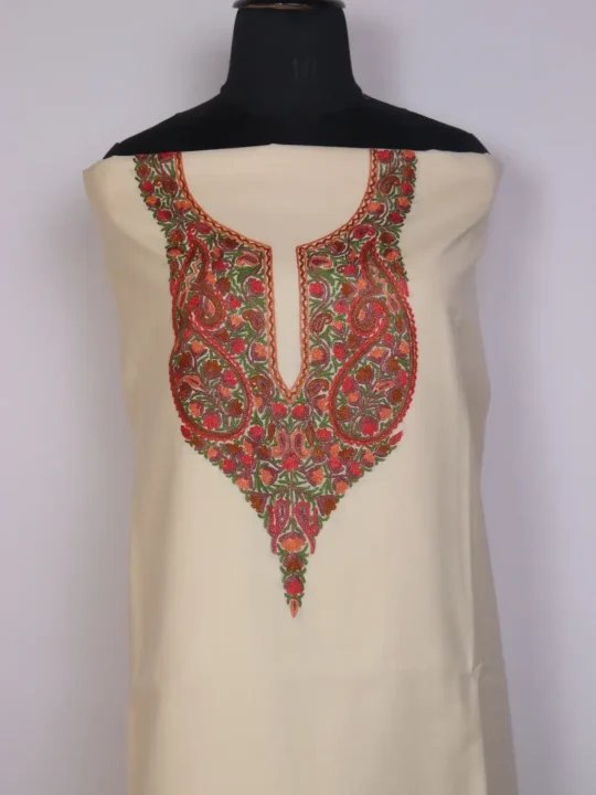 Kashmiri 2pc Suit for Women Rukhsar | Cream Ruby Cotton with Hand Aari Floral Embroidery - Image 2