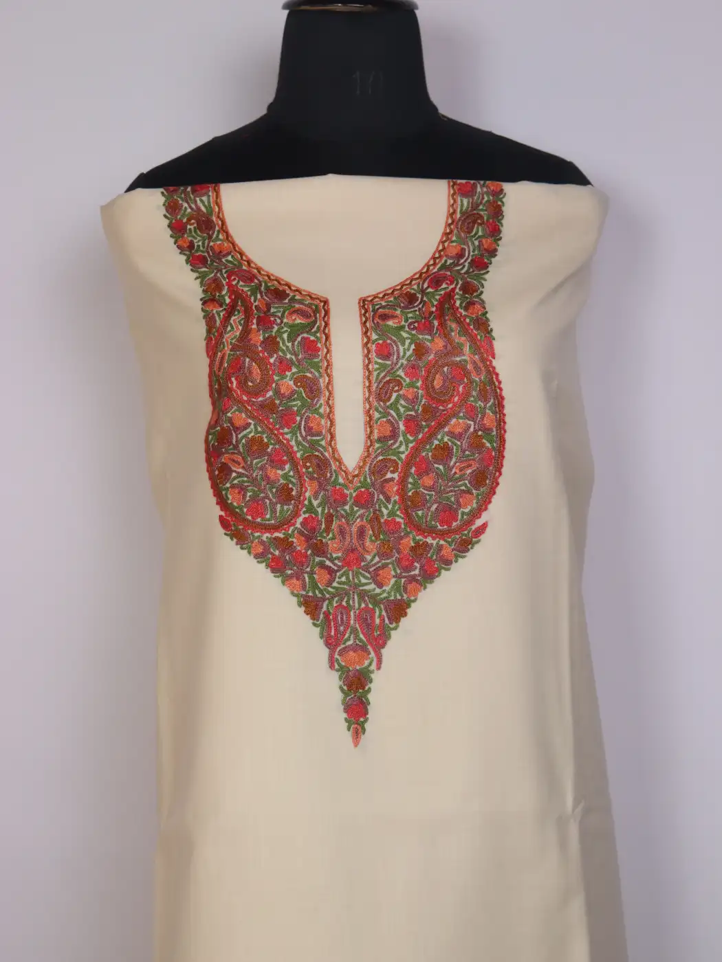 Kashmiri 2pc Suit for Women Rukhsar | Cream Ruby Cotton with Hand Aari Floral Embroidery - Image 2