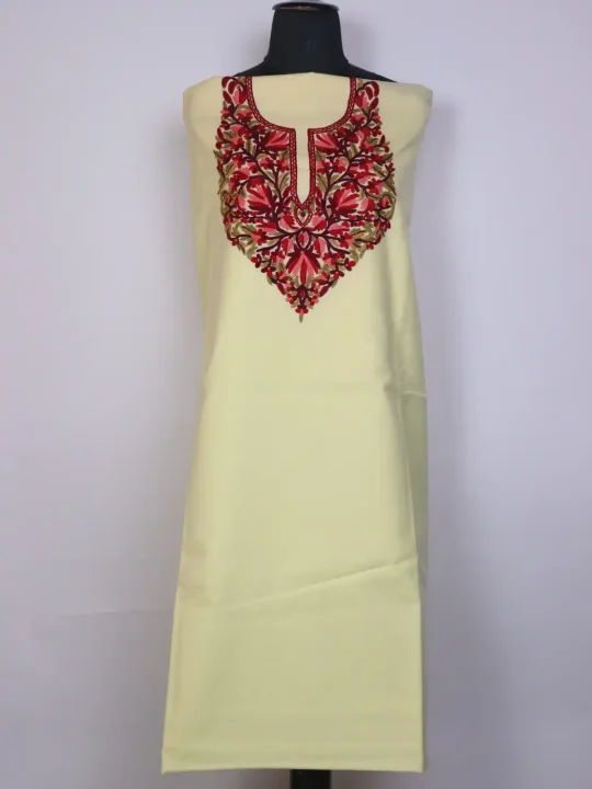 Afrooza Kashmiri 2pc Suit for Women | Yellow Ruby Cotton with Hand Aari Floral Embriodery
