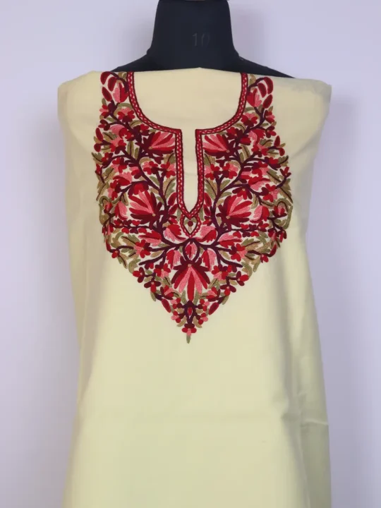 Afrooza Kashmiri 2pc Suit for Women | Yellow Ruby Cotton with Hand Aari Floral Embriodery - Image 2