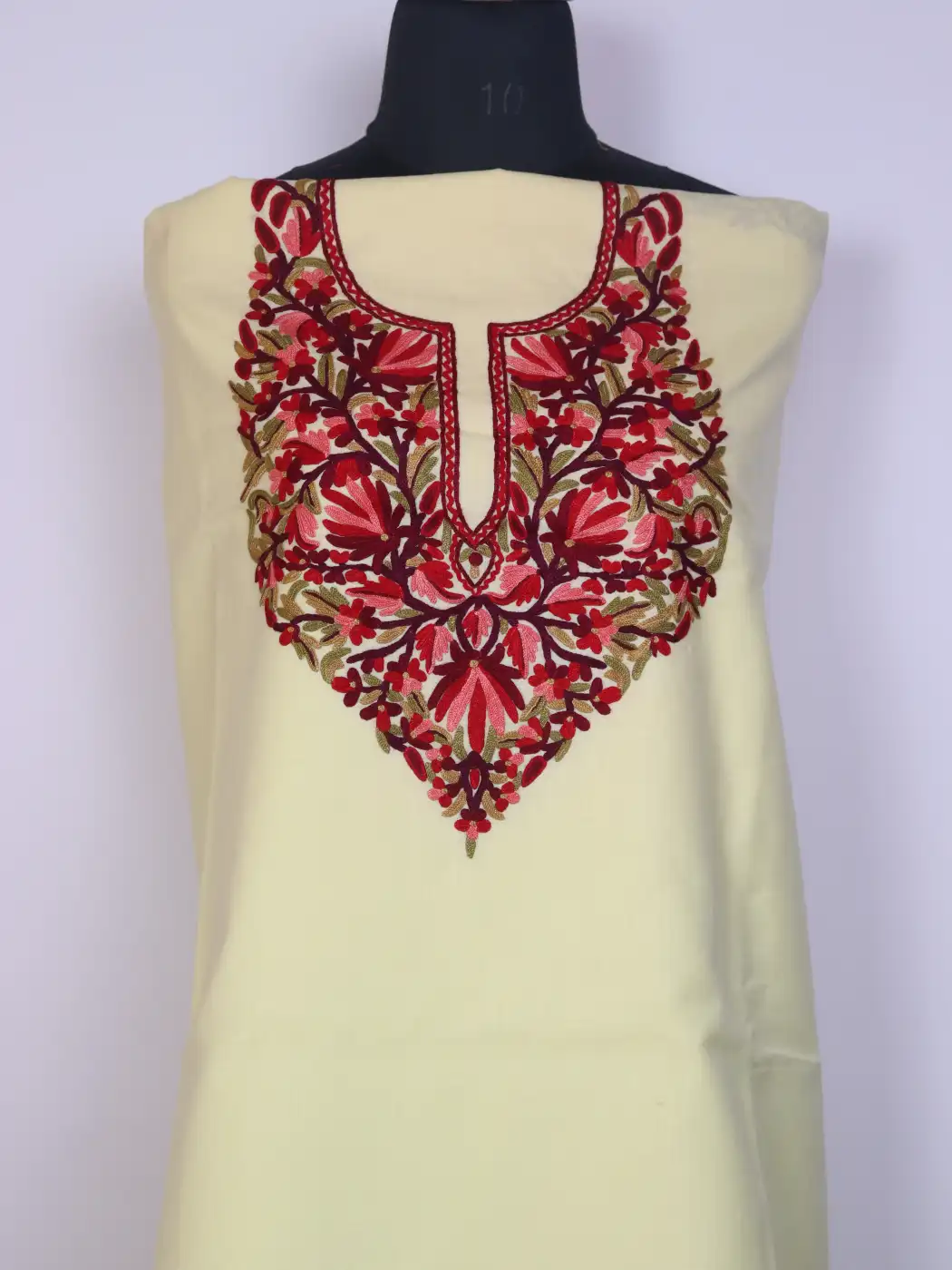Afrooza Kashmiri 2pc Suit for Women | Yellow Ruby Cotton with Hand Aari Floral Embriodery - Image 2