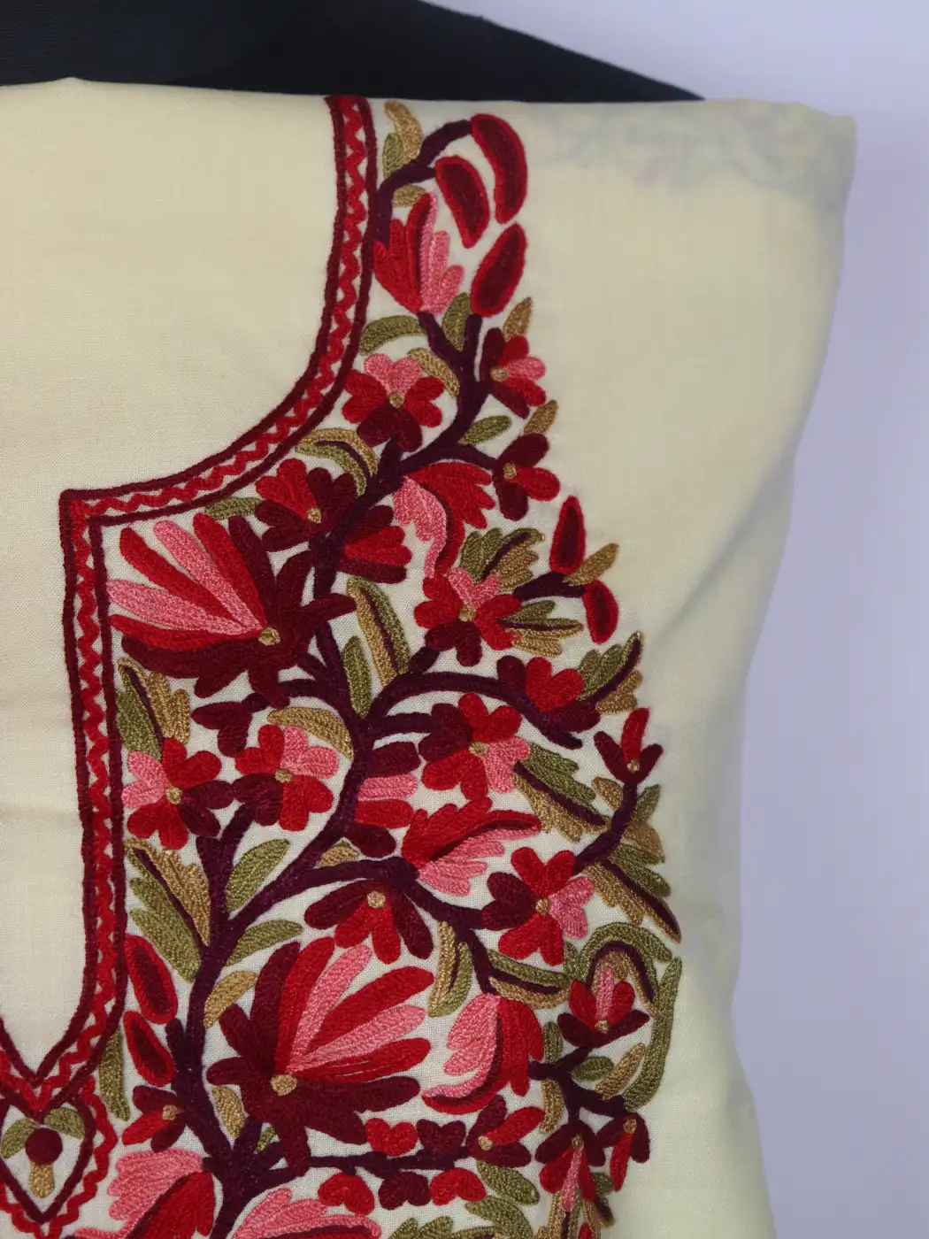 Afrooza Kashmiri 2pc Suit for Women | Yellow Ruby Cotton with Hand Aari Floral Embriodery - Image 3
