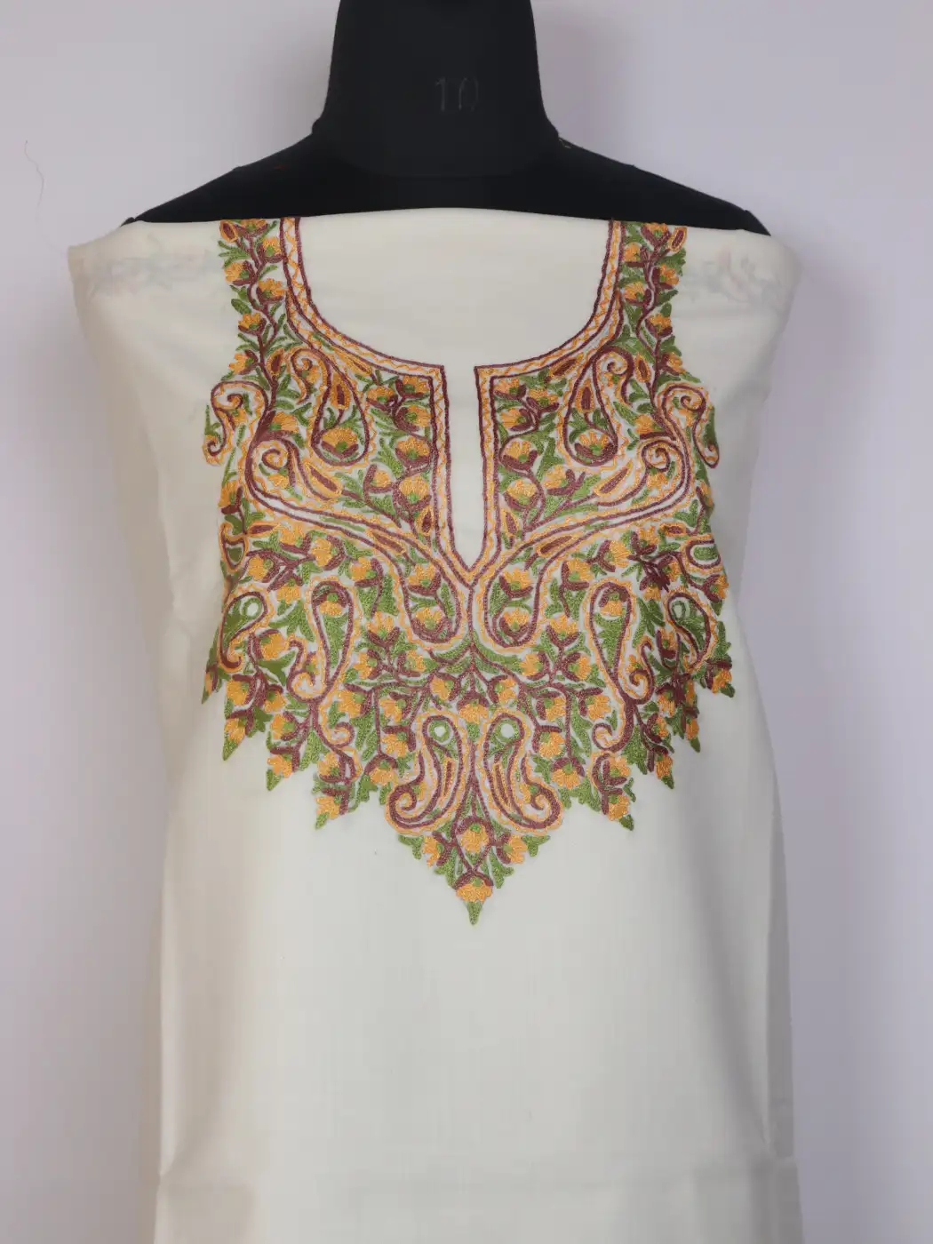 Kashmiri Aroosa 2pc Suit for Women | Off-White Ruby Cotton with Hand Aari Floral Kaam - Image 2