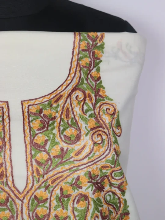 Kashmiri Aroosa 2pc Suit for Women | Off-White Ruby Cotton with Hand Aari Floral Kaam - Image 3
