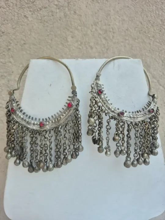 Afarwaat Kashmiri Handmade Bali Earrings with Red Stone Chain Fringe