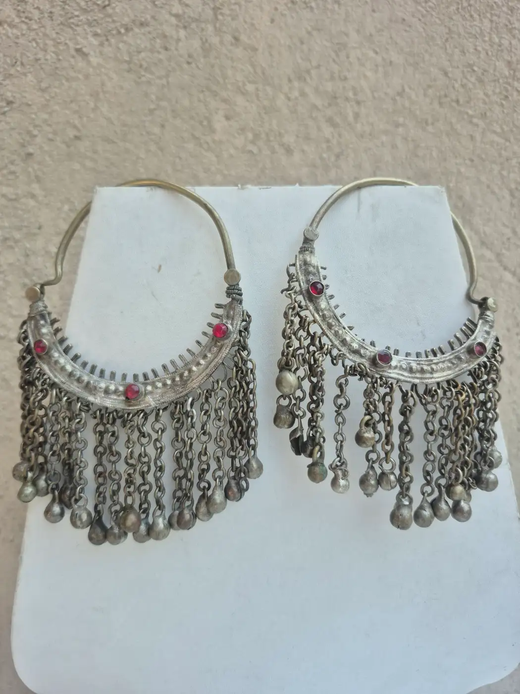Afarwaat Kashmiri Handmade Bali Earrings with Red Stone Chain Fringe