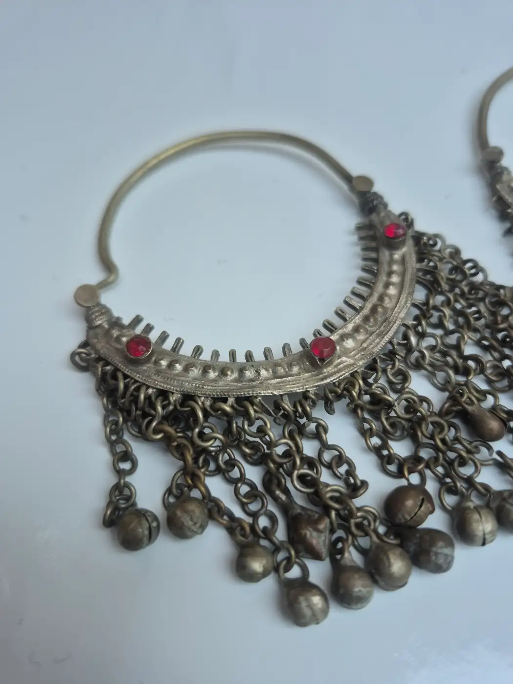 Afarwaat Kashmiri Handmade Bali Earrings with Red Stone Chain Fringe - Image 2