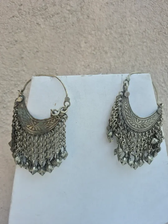 Kashmiri Handmade Bali Earrings Gulshan with Leaf Engraved Crescent