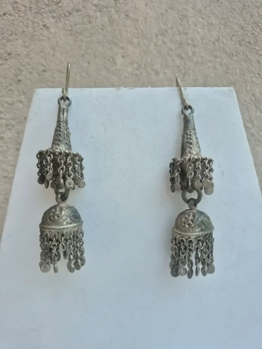 Kashmiri Handmade Naaz Jhumka Earrings with Engraved Dome Chain Fringe