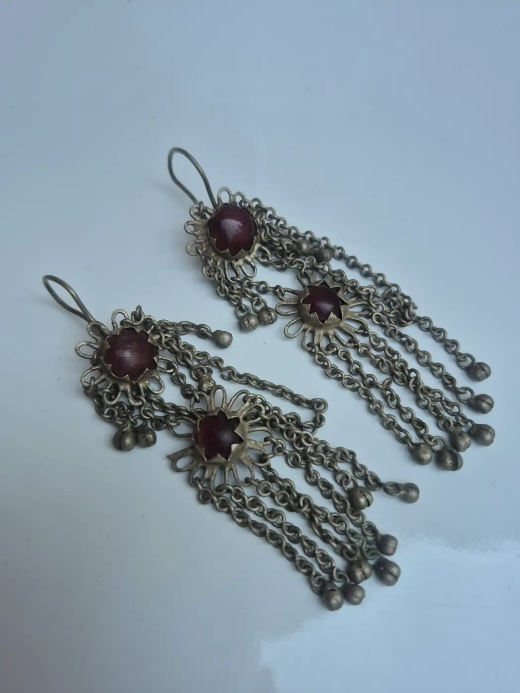 Walur Kashmiri Handmade Jhumka Earrings with Red Stone Chain Fringe - Image 2