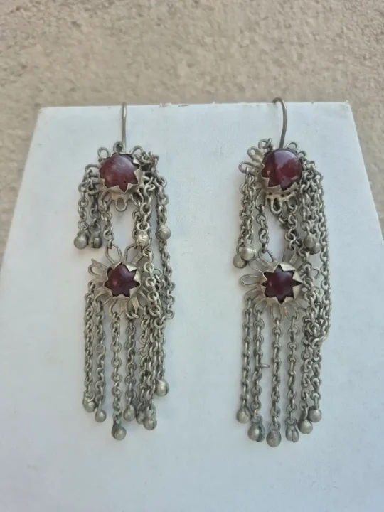 Walur Kashmiri Handmade Jhumka Earrings with Red Stone Chain Fringe