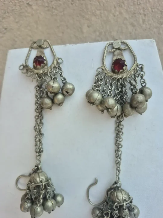 Handmade Kashmiri Jhumka Earrings Adaa with Red Stone Chain Drop - Image 3