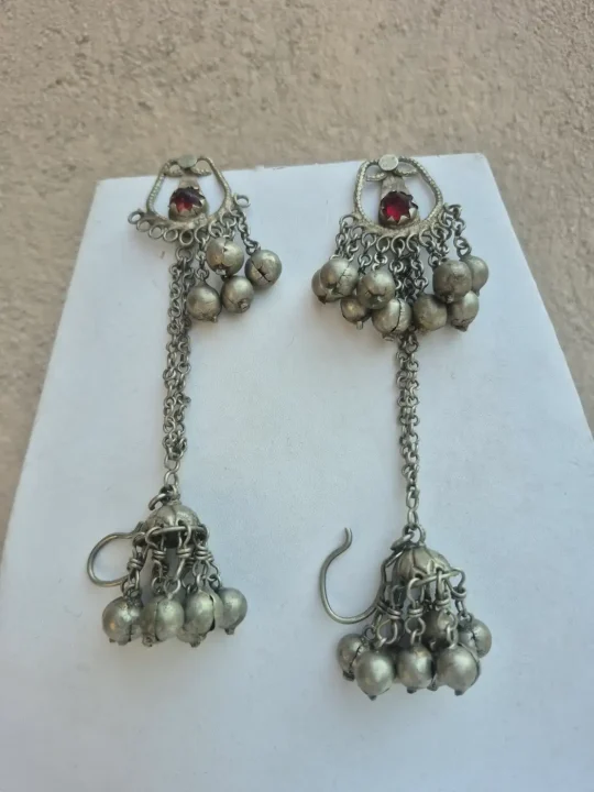 Handmade Kashmiri Jhumka Earrings Adaa with Red Stone Chain Drop